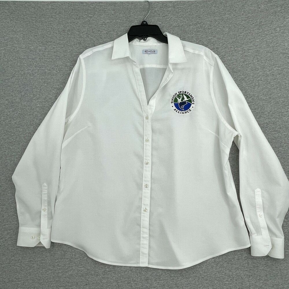 Red House Shirt Womens Extra Large White Button Up Long Sleeve Logo Blouse Top